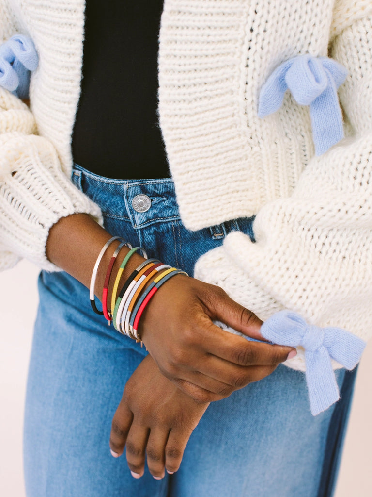 Wrapped bangles for formal and casual wear, handmade locally in Charlotte, NC (North Carolina), at a Plaza Midwood woman owned jewelry art and home decor gift shop. A can't miss thing to do - order a housemade vegan chai at The Chai Window to sip while you shop. 